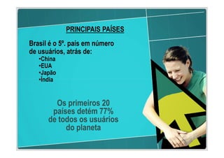 PRINCIPAIS PAÍSES
Brasil é o 5º. país em número
de usuários, atrás de:
   •China
   •EUA
   •Japão                       76,8%
   •Índia                               23,2%



        Os primeiros 20
       países detém 77%
      de todos os usuários
           do planeta
 