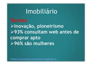 Imobiliário
Tecnisa
  Inovação, pioneirismo
  93% consultam web antes de
comprar apto
  96% são mulheres


http://www.youtube.com/watch?v=nLg8FauZ-oA
 