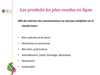Les produits les plus vendus en ligne

90% des attentes des consommateurs ne sont pas satisfaites sur le
   marché local !



• Bien culturels et de loisirs

• Vêtements et accessoires

• Bien-être, puériculture

• Ameublement, jardin, bricolage, décoration

• Alimentaire

• Automobile
 