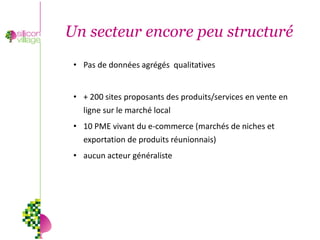 Un secteur encore peu structuré
 • Pas de données agrégés qualitatives


 • + 200 sites proposants des produits/services en vente en
   ligne sur le marché local
 • 10 PME vivant du e-commerce (marchés de niches et
   exportation de produits réunionnais)
 • aucun acteur généraliste
 