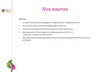Nos sources
Sources :
•   Les études TicTrack et données agrégées par la Région Réunion : tic.regionreunion.com

•   http://archives.lesechos.fr/archives/2001/Atlas/20012-54-ATL.htm

•   www.chezeric.biz/made-in-974/article/moncady-com-l-echec-qui-traumatise

•   http://www.insee.fr/fr/insee_regions/reunion/themes/dossiers/ter/ter-12-1-
    2_principales_entreprises_commerciales.pdf

•   http://www.associationeconomienumerique.fr/wp-content/uploads/2011/02/barometre-e-commerce-
    t4-2010.pdf
 
