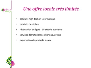 Une offre locale très limitée

• produits high-tech et informatique

• produits de niches

• réservation en ligne : Billetterie, tourisme

• services dématérialisés : banque, presse

• exportation de produits locaux
 