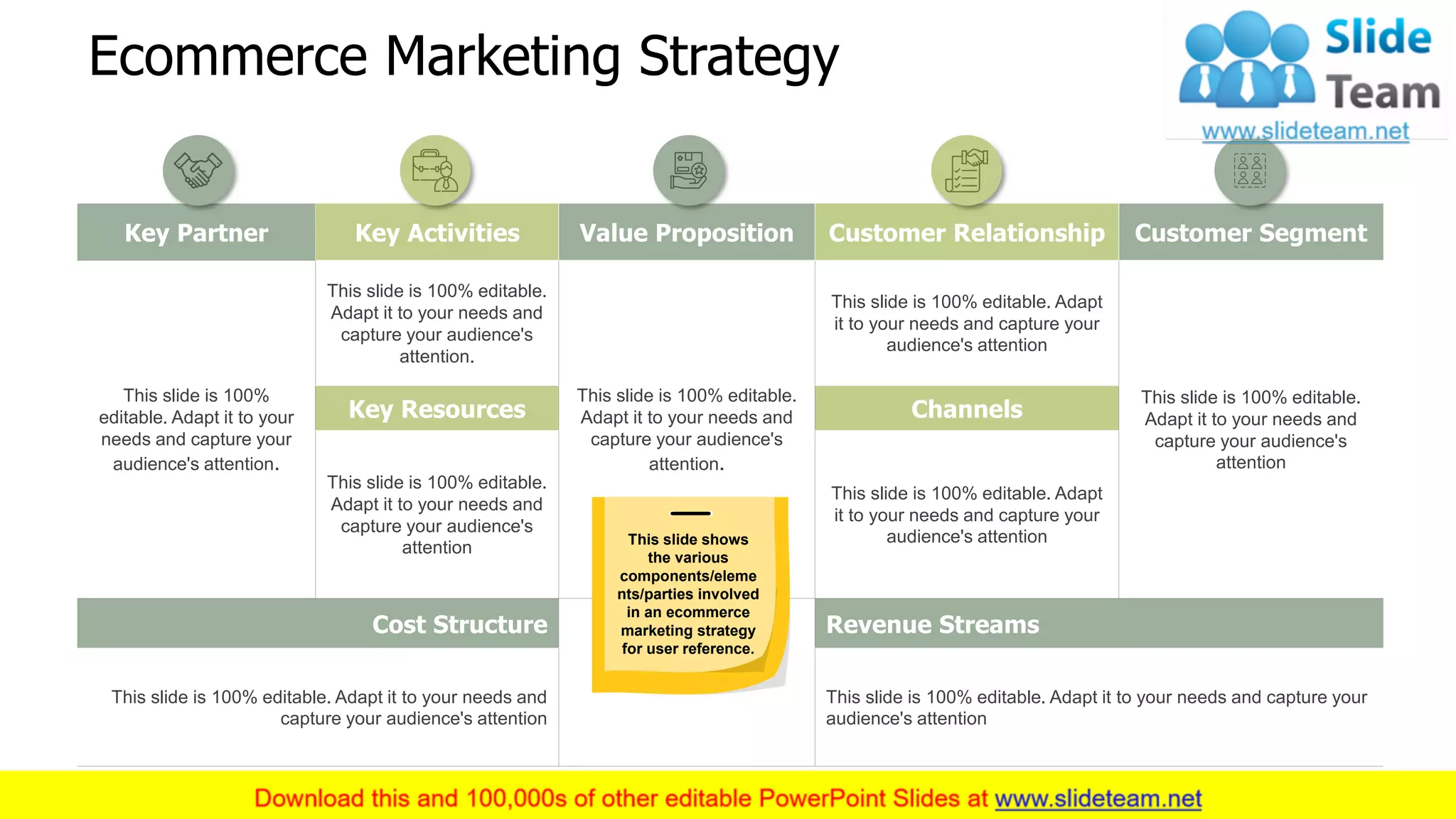 Ecommerce Marketing Strategy
10
Key Partner Key Activities Value Proposition Customer Relationship Customer Segment
This slide is 100%
editable. Adapt it to your
needs and capture your
audience's attention.
This slide is 100% editable.
Adapt it to your needs and
capture your audience's
attention.
This slide is 100% editable.
Adapt it to your needs and
capture your audience's
attention.
This slide is 100% editable. Adapt
it to your needs and capture your
audience's attention
This slide is 100% editable.
Adapt it to your needs and
capture your audience's
attention
Key Resources Channels
This slide is 100% editable.
Adapt it to your needs and
capture your audience's
attention
This slide is 100% editable. Adapt
it to your needs and capture your
audience's attention
Cost Structure Revenue Streams
This slide is 100% editable. Adapt it to your needs and
capture your audience's attention
This slide is 100% editable. Adapt it to your needs and capture your
audience's attention
This slide shows
the various
components/eleme
nts/parties involved
in an ecommerce
marketing strategy
for user reference.
 