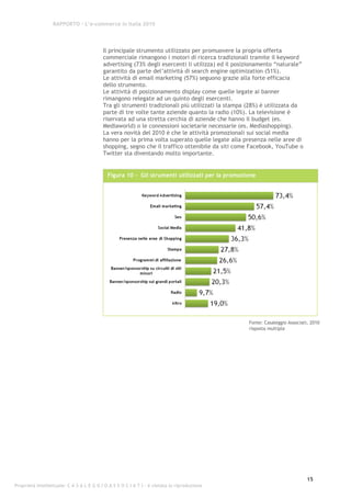 RAPPORTO – L’e-commerce in Italia 2010




                                          Il principale strumento utilizzato per promuovere la propria offerta
                                          commerciale rimangono i motori di ricerca tradizionali tramite il keyword
                                          advertising (73% degli esercenti li utilizza) ed il posizionamento “naturale”
                                          garantito da parte del’attività di search engine optimization (51%).
                                          Le attività di email marketing (57%) seguono grazie alla forte efficacia
                                          dello strumento.
                                          Le attività di posizionamento display come quelle legate ai banner
                                          rimangono relegate ad un quinto degli esercenti.
                                          Tra gli strumenti tradizionali più utilizzati la stampa (28%) è utilizzata da
                                          parte di tre volte tante aziende quanto la radio (10%). La televisione è
                                          riservata ad una stretta cerchia di aziende che hanno il budget (es.
                                          Mediaworld) o le connessioni societarie necessarie (es. Mediashopping).
                                          La vera novità del 2010 è che le attività promozionali sui social media
                                          hanno per la prima volta superato quelle legate alla presenza nelle aree di
                                          shopping, segno che il traffico ottenibile da siti come Facebook, YouTube o
                                          Twitter sta diventando molto importante.


                                            Figura 10 - Gli strumenti utilizzati per la promozione




                                                                                                  Fonte: Casaleggio Associati, 2010
                                                                                                  risposta multipla




                                                                                                                             15
Proprietà intellettuale: C A S A L E G G I O A S S O C I A T I - è vietata la riproduzione
 