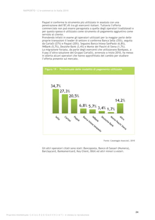 RAPPORTO – L’e-commerce in Italia 2010




                                      Paypal si conferma lo strumento più utilizzato in assoluto con una
                                      penetrazione dell’87,4% tra gli esercenti italiani. Tuttavia l’offerta
                                      commerciale non può essere paragonata a quella degli operatori tradizionali e
                                      per questo spesso è utilizzato come strumento di pagamento aggiuntivo come
                                      servizio al cliente.
                                      Prendendo infatti in esame gli operatori utilizzati per la maggior parte delle
                                      proprie transazioni il leader di settore si conferma Banca Sella (35%), seguita
                                      da CartaSi (27%) e Paypal (20%). Seguono Banca Intesa SanPaolo (6,8%),
                                      IWBank (5,7%), Deutshe Bank (3,4%) e Monte dei Paschi di Siena (1,7%).
                                      La migrazione forzata, da parte degli esercenti che utilizzavano Bankpass, a
                                      X-pay (l’altra soluzione del Gruppo CartaSi), avvenuta a inizio 2010, ha messo
                                      in allerta alcuni operatori che hanno approfittato del cambio per studiare
                                      l’offerta presente sul mercato.



                                         Figura 19 - Percentuale delle modalità di pagamento utilizzate




                                                                                             Fonte: Casaleggio Associati, 2010


                                      Gli altri operatori citati sono stati: Bancoposta, Banco di Sassari (Numera),
                                      Barclaycard, Bankamericard, Key Client, Bibit ed altri minori o esteri.




                                                                                                                                 24
Proprietà intellettuale: C A S A L E G G I O A S S O C I A T I - è vietata la riproduzione
 