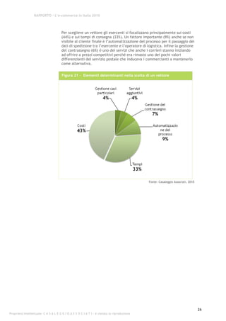 RAPPORTO – L’e-commerce in Italia 2010




                                      Per scegliere un vettore gli esercenti si focalizzano principalmente sui costi
                                      (44%) e sui tempi di consegna (33%). Un fattore importante (9%) anche se non
                                      visibile al cliente finale è l’automatizzazione del processo per il passaggio dei
                                      dati di spedizione tra l’esercente e l’operatore di logistica. Infine la gestione
                                      del contrassegno (6%) è uno dei servizi che anche i corrieri stanno iniziando
                                      ad offrire a prezzi competitivi perché era rimasto uno dei pochi valori
                                      differenzianti del servizio postale che induceva i commercianti a mantenerlo
                                      come alternativa.


                                      Figura 21 - Elementi determinanti nella scelta di un vettore




                                                                                             Fonte: Casaleggio Associati, 2010




                                                                                                                                 26
Proprietà intellettuale: C A S A L E G G I O A S S O C I A T I - è vietata la riproduzione
 