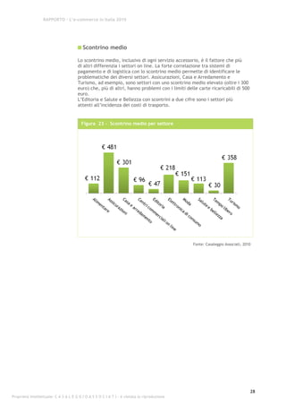RAPPORTO – L’e-commerce in Italia 2010




                                         Scontrino medio

                                      Lo scontrino medio, inclusivo di ogni servizio accessorio, è il fattore che più
                                      di altri differenzia i settori on line. La forte correlazione tra sistemi di
                                      pagamento e di logistica con lo scontrino medio permette di identificare le
                                      problematiche dei diversi settori. Assicurazioni, Casa e Arredamento e
                                      Turismo, ad esempio, sono settori con uno scontrino medio elevato (oltre i 300
                                      euro) che, più di altri, hanno problemi con i limiti delle carte ricaricabili di 500
                                      euro.
                                      L’Editoria e Salute e Bellezza con scontrini a due cifre sono i settori più
                                      attenti all’incidenza dei costi di trasporto.


                                        Figura 23 - Scontrino medio per settore




                                                                                              Fonte: Casaleggio Associati, 2010




                                                                                                                              28
Proprietà intellettuale: C A S A L E G G I O A S S O C I A T I - è vietata la riproduzione
 