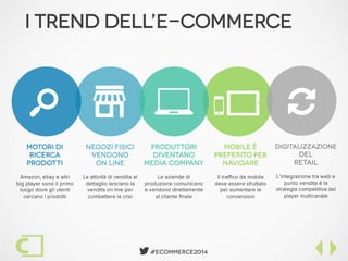  #Ecommerce2014
I Trend dell’E-commerce
Negozi fisici
vendono
on line
Le attività di vendita al
dettaglio lanciano la
vendita on line per
combattere la crisi
Mobile è
preferito per
navigare
Il traffico da mobile
deve essere sfruttato
per aumentare le
conversioni
6
5
motori di
ricerca
prodotti
Amazon, ebay e altri
big player sono il primo
luogo dove gli utenti
cercano i prodotti
s
Digitalizzazione
del
Retail
L’integrazione tra web e
punto vendita è la
strategia competitiva dei
player multicanale

Produttori
diventano
media company
Le aziende di
produzione comunicano
e vendono direttamente
al cliente finale
7
 