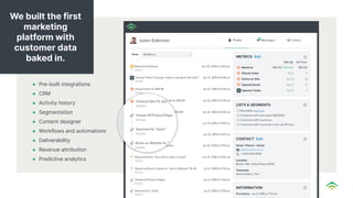 ● Pre-built integrations
● CRM
● Activity history
● Segmentation
● Content designer
● Workflows and automations
● Deliverability
● Revenue attribution
● Predictive analytics
We built the first
marketing
platform with
customer data
baked in.
 