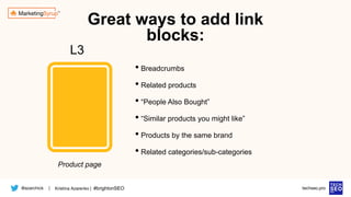 @azarchick Kristina Azarenko | #brightonSEO
| techseo.pro
• Breadcrumbs
• Related products
• “People Also Bought”
• “Similar products you might like”
• Products by the same brand
• Related categories/sub-categories
L3
Product page
Great ways to add link
blocks:
 