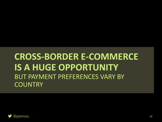 @pesmou
CROSS-BORDER E-COMMERCE
IS A HUGE OPPORTUNITY
BUT PAYMENT PREFERENCES VARY BY
COUNTRY
20
 