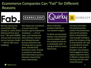 @pesmou 46
Ecommerce Companies Can “Fail” for Different
Reasons
Red-hot startup Fab
raised $330 million
(valued at nearly $US$1
billion) and then went
bust. “We spent $200M
and we have not proven
out our business model.
“ – former CEO, Jason
Goldberg
Karmaloop was considered
a success story and
became a go-to website for
streetwear — a mix of
skate, surf, hip-hop and
other fashions. Success
was followed by poor
business decisions and
shrinking sales in recent
years. Founder/CEO
launched a series of failed
e-commerce sites and a
$14 million bid to launch a
television channel that
never materialized.
Many of Quirky's
products had thin to
non-existent margins.
Its Wink unit also faced
distress, and a botched
security update meant
the company had to do
a nationwide recall in
spring of 2015 its smart
home hubs.
Homejoy CEO Adora
Cheung blamed the
worker-misclassification
lawsuits the company
faced. It had failed to
raise enough funding to
grow the company as big
as they wanted, she said,
so it decided to shutter
its doors in July. Like
Groupon, the company
had struggled to entice
repeat customers when
it offered a cheap initial
cleaning and then later
raised the price.
 