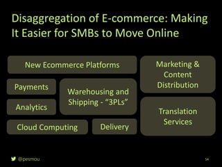 @pesmou 54
Disaggregation of E-commerce: Making
It Easier for SMBs to Move Online
Payments
Warehousing and
Shipping - “3PLs”
Delivery
New Ecommerce Platforms
Cloud Computing
Analytics Translation
Services
Marketing &
Content
Distribution
 