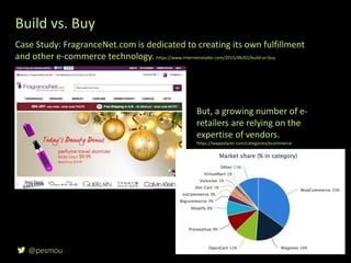 @pesmou 56
Build vs. Buy
Case Study: FragranceNet.com is dedicated to creating its own fulfillment
and other e-commerce technology. https://www.internetretailer.com/2015/06/02/build-or-buy
But, a growing number of e-
retailers are relying on the
expertise of vendors.
https://wappalyzer.com/categories/ecommerce
 