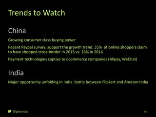 @pesmou 58
Trends to Watch
China
Growing consumer class buying power
Recent Paypal survey: support the growth trend: 35% of online shoppers claim
to have shopped cross-border in 2015 vs. 26% in 2014
Payment technologies captive to ecommerce companies (Alipay, WeChat)
India
Major opportunity unfolding in India: battle between Flipkart and Amazon India
 