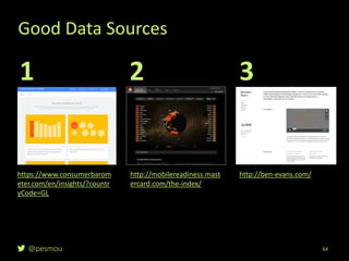 @pesmou
Good Data Sources
64
https://www.consumerbarom
eter.com/en/insights/?countr
yCode=GL
http://mobilereadiness.mast
ercard.com/the-index/
http://ben-evans.com/
1 2 3
 