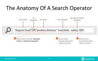 The	
  Anatomy	
  Of	
  A	
  Search	
  Operator	
  
Link	
  Building	
  101	
   19	
  
 