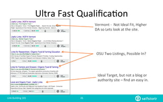 Ultra	
  Fast	
  Qualiﬁca=on	
  
Vermont	
  -­‐	
  	
  Not	
  Ideal	
  Fit,	
  Higher	
  
DA	
  so	
  Lets	
  look	
  at	
  the	
  site.	
  
OSU	
  Two	
  Lis=ngs,	
  Possible	
  In?	
  
Ideal	
  Target,	
  but	
  not	
  a	
  blog	
  or	
  
authority	
  site	
  –	
  ﬁnd	
  an	
  easy	
  in.	
  
Link	
  Building	
  101	
   26	
  
 