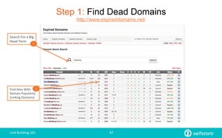 Step 1: Find Dead Domains
http://www.expireddomains.net/
Search	
  For	
  a	
  Big	
  
Head	
  Term	
  
1	
  
Find	
  Sites	
  With	
  
Domain	
  Popularity	
  
(Linking	
  Domains)	
  
2	
  
Link	
  Building	
  101	
   47	
  
 