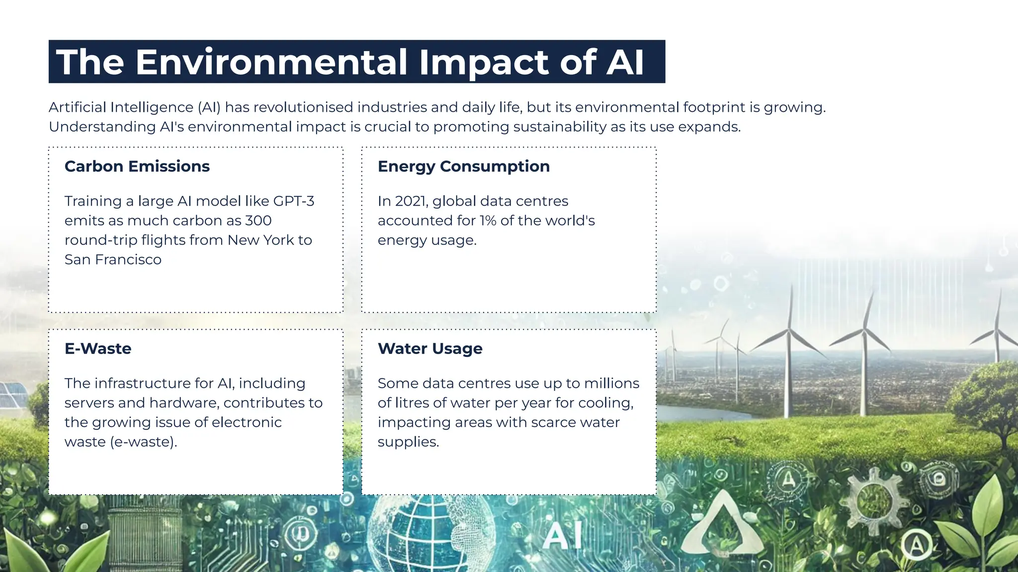 The Environmental Impact of AI
Artiﬁcial Intelligence (AI) has revolutionised industries and daily life, but its environmental footprint is growing.
Understanding AI's environmental impact is crucial to promoting sustainability as its use expands.
Carbon Emissions
Training a large AI model like GPT-3
emits as much carbon as 300
round-trip ﬂights from New York to
San Francisco
Energy Consumption
In 2021, global data centres
accounted for 1% of the world's
energy usage.
Water Usage
Some data centres use up to millions
of litres of water per year for cooling,
impacting areas with scarce water
supplies.
E-Waste
The infrastructure for AI, including
servers and hardware, contributes to
the growing issue of electronic
waste (e-waste).
 