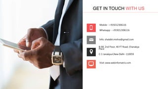 GET IN TOUCH WITH US
Mobile - +919212306116
Whatsapp - +919212306116
Info: shalabh.mishra@gmail.com
B-68, 2nd Floor, 40 FT Road, Chanakya
Place
C-1 Janakpuri,New Delhi -110059
Visit: www.webinfomatrix.com
 