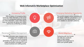With a history of increasing client
revenues, Web Infomatrix is the smart
choice for companies looking to break
into Web Infomatrix. Learn more about
how our services can grow your online
revenue by contacting us today!
Increasing Profits
The Web Infomatrix team designs your
campaign from inception to be
optimized around revenue
generation.You can trust our experts to
create the perfect campaign for your
unique business and selling points.
Revenue Focused Management
The world's largest online marketplaces
like Target, Walmart, and Amazon have
opened up new opportunities for third-
party retailers to use their platforms
Emerging Marketing Opportunity
Partnering with top brands
can help your products
reach a new market
segment and propel you to
reach your growth goals.
Brand Allignment
Web Infomatrix Marketplace Optimization
 