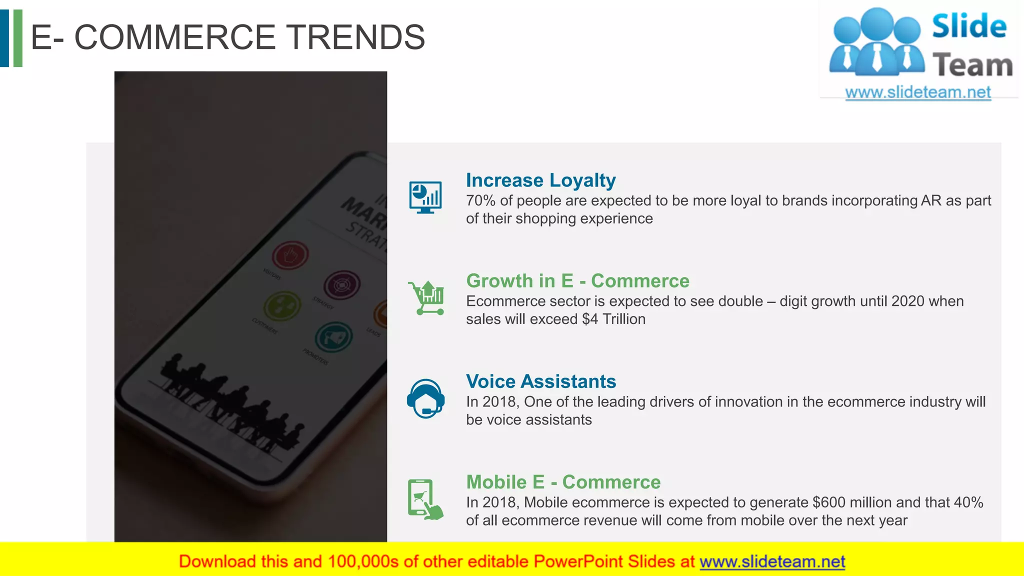 E- COMMERCE TRENDS
10
Increase Loyalty
70% of people are expected to be more loyal to brands incorporating AR as part
of their shopping experience
Growth in E - Commerce
Ecommerce sector is expected to see double – digit growth until 2020 when
sales will exceed $4 Trillion
Voice Assistants
In 2018, One of the leading drivers of innovation in the ecommerce industry will
be voice assistants
Mobile E - Commerce
In 2018, Mobile ecommerce is expected to generate $600 million and that 40%
of all ecommerce revenue will come from mobile over the next year
This slide is 100% editable. Adapt it to your needs and capture your audience's attention.
 