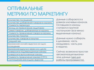 ОПТИМАЛЬНЫЕ 
МЕТРИКИ ПО МАРКЕТИНГУ 
Количество посещений 
Количество добавлений товаров в корзину 
Стоимость перехода 
Расход на привлечение аудитории 
Сумма товаров, добавленных в корзину 
Стоимость привлечения товара в корзину 
Количество покупок 
Количество товаров в покупке 
Средний чек 
Заказанная онлайн-выручка на одно посещение 
Заказанная выручка через кол-центр 
Конверсия в подтвержденные заказы 
Конверсия в выполненные заказы 
Стоимость привлечения заказа (CPO) 
Соотношение расходов к выручке 
Данные собираются в рамках ключевых каналов. Оставшиеся каналы считаются группой «остальное» (все минус выделенные каналы). 
Данные нужно собирать в динамике, часть ежедневно, часть раз в неделю. 
Сейчас возможна простая автоматизация выкачки этих данных (два дня работы программиста).  