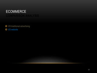 ECOMMERCE
COMPARISON ANALYSIS
12
 VS traditional advertising
 VS website
 