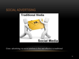 SOCIAL ADVERTISING
16
Cross advertising via social platform is free and effective vs traditional
 