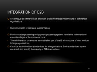 INTEGRATION OF B2B
28
 SystemsB2B eCommerce is an extension of the informatics infrastructure of commercial
organizations
- Such information systems are supplier-facing
 Purchase order processing and payment processing systems handle the settlement and
execution stages of the commerce cycle
- These information systems are an established part of the IS infrastructure of most medium
to large organizations,
 Could be established and standardized for all organizations. Such standardized system
can enrich and simplify the majority of B2B interrelations.
 