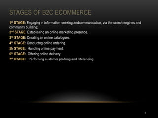 STAGES OF B2C ECOMMERCE
6
1st STAGE: Engaging in information-seeking and communication, via the search engines and
community building;
2nd STAGE: Establishing an online marketing presence.
3rd STAGE: Creating an online catalogues.
4th STAGE: Conducting online ordering.
5h STAGE: Handling online payment.
6th STAGE: Offering online delivery.
7th STAGE: Performing customer profiling and referencing
 