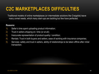 C2C MARKETPLACES DIFFICULTIES
GLABEX.COM 48
Traditional models of online marketplaces (or intermediate solutions like Craigslist) leave
many unmet needs, which many start-ups are tackling but few have perfected.
Reasons:
1) Seller’s time spent uploading product information;
2) Trust in sellers shipping on- time (or at all);
3) Inaccurate representation of product quality / condition;
4) Rentals: Trust in both buyers and sellers, ease of working with insurance companies;
5) Services: safety and trust in sellers, ability of relationships to be taken offline after initial
transaction.
 