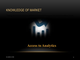 KNOWLEDGE OF MARKET
9
Trading electronically provides additional methods for companies to acquire knowledge of the
market in which they operate
Access to Analytics
GLABEX.COM
 