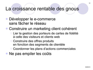 La croissance rentable des gnous Développer le e-commerce  sans fâcher le réseau Construire un marketing client cohérent Lier la gestion des porteurs de cartes de fidélité  à celle des visiteurs et clients web Construire des offres produits  en fonction des segments de clientèle Coordonner les plans d’actions commerciales Ne pas empiler les coûts 