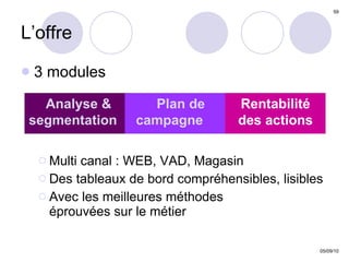 3 modules Multi canal : WEB, VAD, Magasin Des tableaux de bord compréhensibles, lisibles  Avec les meilleures méthodes  éprouvées sur le métier L’offre Analyse & segmentation  Plan de campagne  Rentabilité des actions 