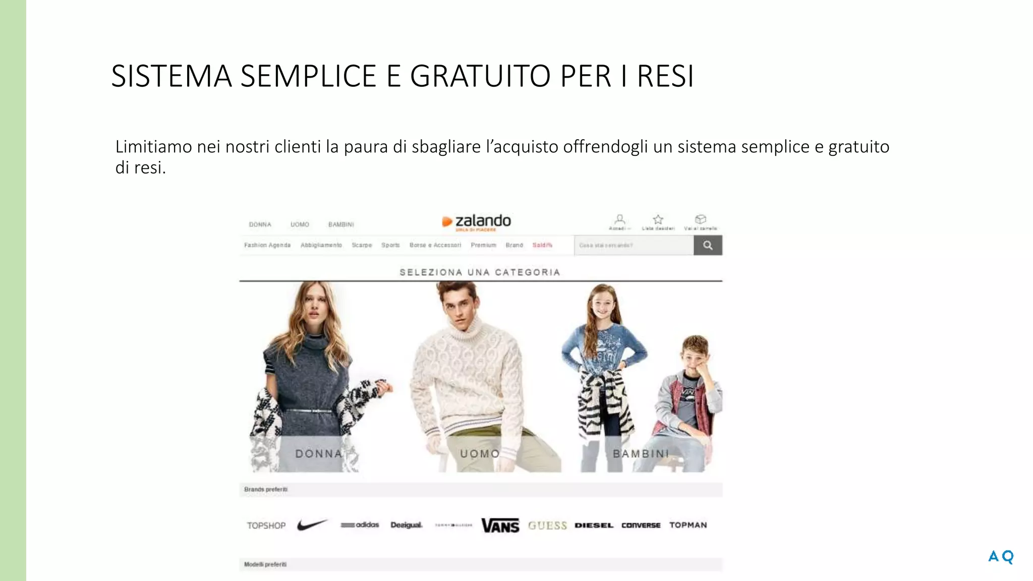 SISTEMA SEMPLICE E GRATUITO PER I RESI
Limitiamo nei nostri clienti la paura di sbagliare l’acquisto offrendogli un sistema semplice e gratuito
di resi.
 