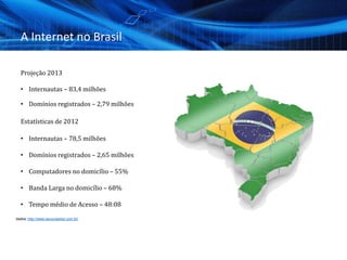 A Internet no Brasil
Projeção 2013
• Internautas – 83,4 milhões
• Domínios registrados – 2,79 milhões
Estatísticas de 2012
• Internautas – 78,5 milhões
• Domínios registrados – 2,65 milhões
• Computadores no domicílio – 55%
• Banda Larga no domicílio – 68%
• Tempo médio de Acesso – 48:08
dados: http://www.secundados.com.br/
 