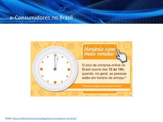 e-Consumidores no Brasil
Fonte: http://webxtool.com/pt/infograficos/ecommerce-no-brasil
 