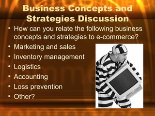 Business Concepts and
     Strategies Discussion
• How can you relate the following business
  concepts and strategies to e-commerce?
• Marketing and sales
• Inventory management
• Logistics
• Accounting
• Loss prevention
• Other?
 