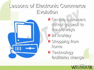 Lessons of Electronic Commerce
           Evolution
                On-line customers
                do not go back to
                the old ways
                24 hrs/day
                Shopping from
                home
                Technology
                facilitates change
 