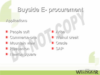 Buyside E- procurement
Applications

  People soft     Ariba
  Commerce-one    Walnut creek
  Mountain view   Oracle
  Pleasanton      SAP
  Newton square
 