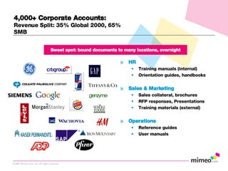 4,000+ Corporate Accounts: Revenue Split: 35% Global 2000, 65% SMB Sweet spot: bound documents to many locations, overnight HR Training manuals (internal) Orientation guides, handbooks Sales & Marketing Sales collateral, brochures RFP responses, Presentations Training materials (external) Operations Reference guides User manuals 