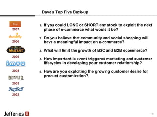 Dave’s Top Five Back-up If you could LONG or SHORT any stock to exploit the next phase of e-commerce what would it be? Do you believe that community and social shopping will have a meaningful impact on e-commerce? What will limit the growth of B2C and B2B ecommerce? How important is event-triggered marketing and customer lifecycles in developing your customer relationship? How are you exploiting the growing customer desire for product customization? 15 2002 2003 2004 2005 2006 2007 