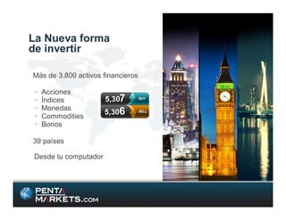 La Nueva forma
de invertir

Más de 3.800 activos financieros

 ◦   Acciones
 ◦   Índices
 ◦   Monedas
 ◦   Commodities
 ◦   Bonos

39 países

Desde tu computador
 