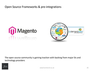 Open Source Frameworks & pre-integrations
The open source community is gaining traction with backing from major SIs and
technology providers
www.function22.co.uk 20
 