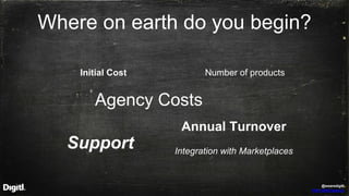 @wearedigitl
http://digitl.agency
Where on earth do you begin?
Initial Cost
Agency Costs
Integration with Marketplaces
Num...