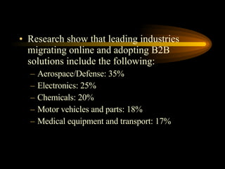 Research show that leading industries migrating online and adopting B2B solutions include the following: Aerospace/Defense: 35% Electronics: 25% Chemicals: 20% Motor vehicles and parts: 18% Medical equipment and transport: 17% 