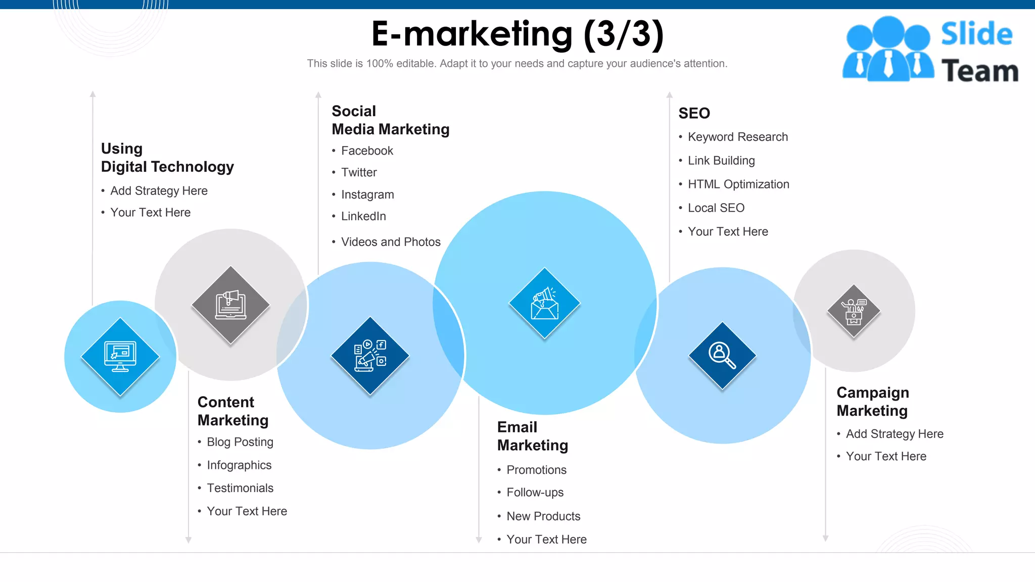 E-marketing (3/3)
19
Using
Digital Technology
• Add Strategy Here
• Your Text Here
Social
Media Marketing
• Facebook
• Twitter
• Instagram
• LinkedIn
• Videos and Photos
SEO
• Keyword Research
• Link Building
• HTML Optimization
• Local SEO
• Your Text Here
Content
Marketing
• Blog Posting
• Infographics
• Testimonials
• Your Text Here
Email
Marketing
• Promotions
• Follow-ups
• New Products
• Your Text Here
Campaign
Marketing
• Add Strategy Here
• Your Text Here
This slide is 100% editable. Adapt it to your needs and capture your audience's attention.
 