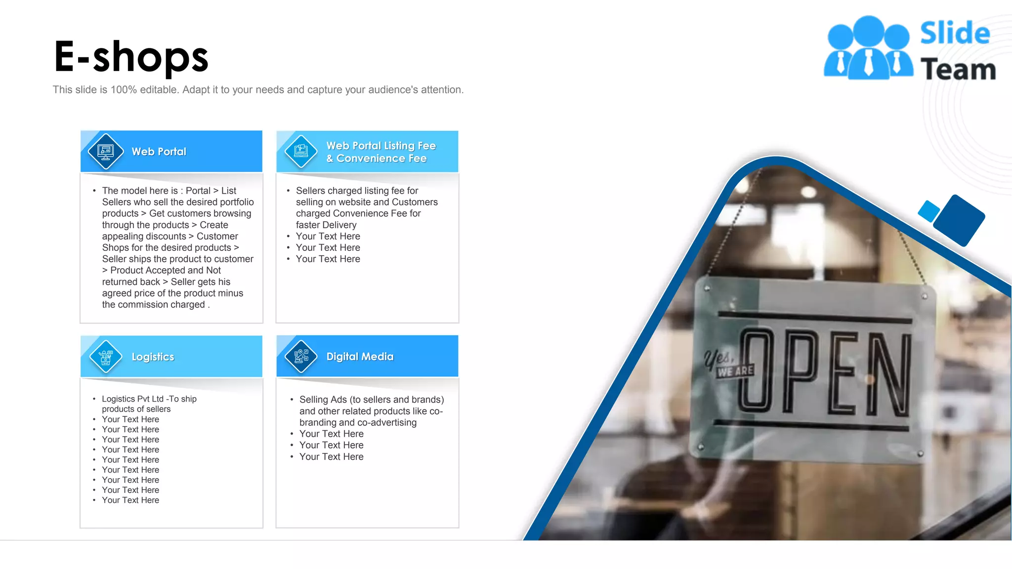 E-shops
23
This slide is 100% editable. Adapt it to your needs and capture your audience's attention.
Logistics
• Logistics Pvt Ltd -To ship
products of sellers
• Your Text Here
• Your Text Here
• Your Text Here
• Your Text Here
• Your Text Here
• Your Text Here
• Your Text Here
• Your Text Here
• Your Text Here
Digital Media
• Selling Ads (to sellers and brands)
and other related products like co-
branding and co-advertising
• Your Text Here
• Your Text Here
• Your Text Here
Web Portal Listing Fee
& Convenience Fee
• Sellers charged listing fee for
selling on website and Customers
charged Convenience Fee for
faster Delivery
• Your Text Here
• Your Text Here
• Your Text Here
Web Portal
• The model here is : Portal > List
Sellers who sell the desired portfolio
products > Get customers browsing
through the products > Create
appealing discounts > Customer
Shops for the desired products >
Seller ships the product to customer
> Product Accepted and Not
returned back > Seller gets his
agreed price of the product minus
the commission charged .
 
